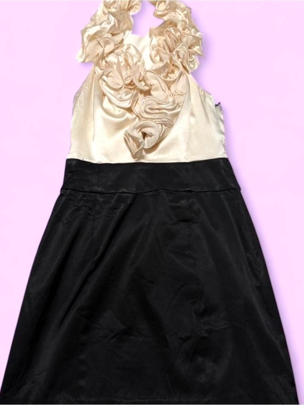 bebe Cream and Black Halter Mini Dress with Ruffle Neckline